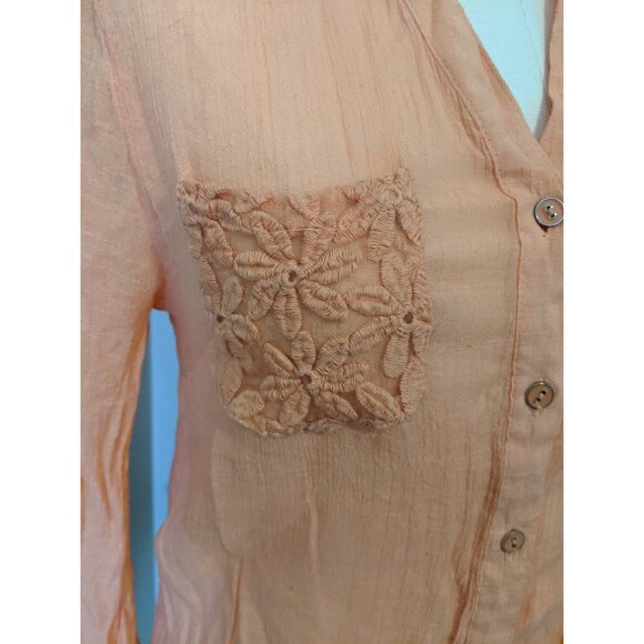 Womens Peach Orange Button Up Blouse Lace Panel Lagenlook Boho Sheer Pastel M - Picture 3 of 11